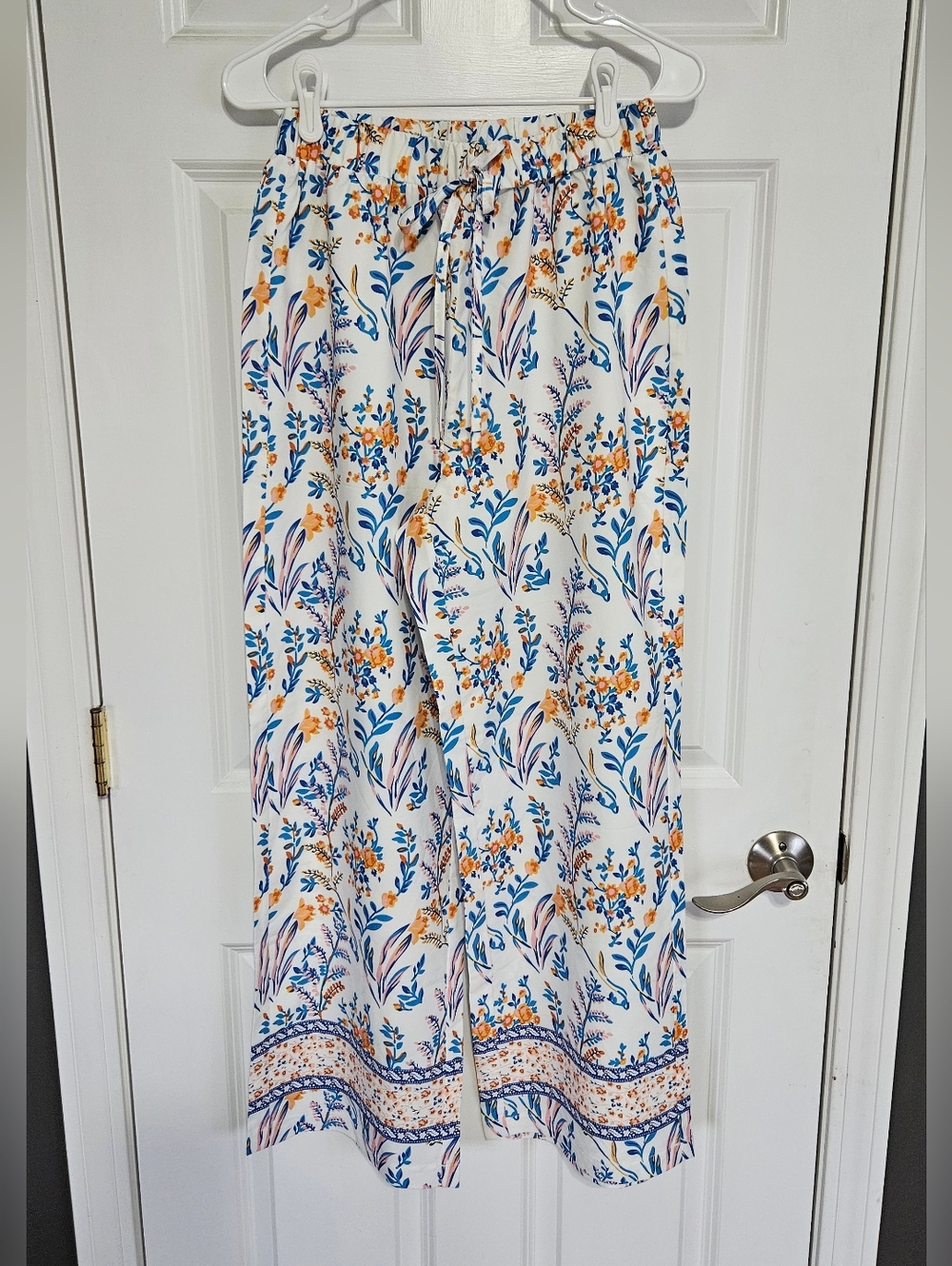 White Wide-Leg Lounge Pants with Blue & Yellow Floral Print
